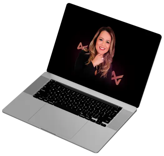 Imagem de um laptop aberto mostrando Keila Carvalho, fundadora da Mentoria Millimetrika, sorrindo e posando com a mão no queixo. Ao fundo, a logo da Millimetrika. Keila tem mais de 15 anos de experiência em vendas e oferece mentoria personalizada para transformar carreiras.